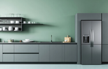 Wall Mural - Stylish kitchen interior with gray cabinets, a refrigerator, and a green wall background