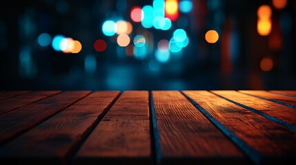 Wall Mural - Wooden Surface with Blurry City Lights in the Background