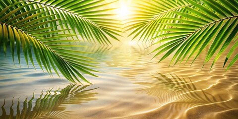 Reflection of palm leaves in water with sunlight, tropical foliage on sand background