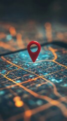 Poster - Red map pin on a digital city map, close-up view. Navigation and technology concept