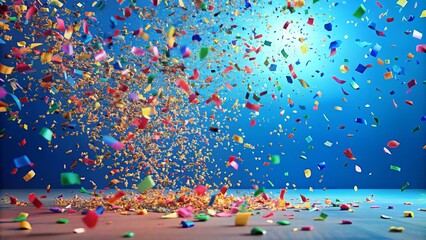 Vibrant confetti dances through the air in a cheerful celebration, contrasting beautifully with a bright blue studio