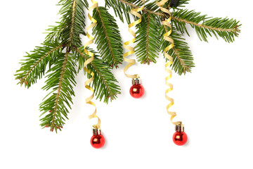 Wall Mural - Christmas tree branches with balls and serpentine on white background