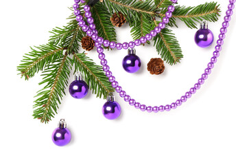 Poster - Christmas tree branches with balls, beads and cones on white background