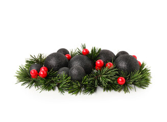 Poster - Christmas tree branches with viburnum and balls on white background