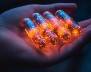 Glowing capsules held in a hand, symbolizing the future of revolutionary medicine treatment and healthcare advancements