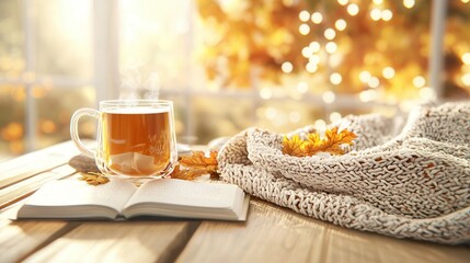 Poster - Cozy Autumn Day with a Cup of Tea and a Book.