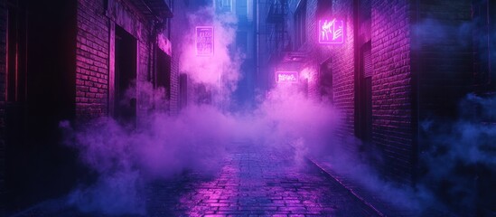 Poster - A narrow, brick-paved alleyway shrouded in a haze of purple and blue smoke. Neon signs flicker in the distance, casting an eerie glow on the walls.