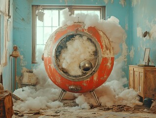 Wall Mural - Retro Spacecraft in a Dusty Room: A Surreal Interior