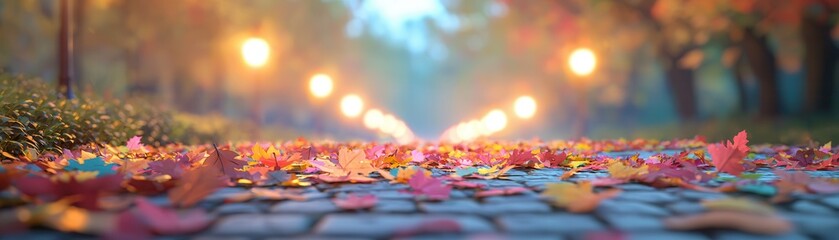 Canvas Print - Autumn Leaves on a Cobblestone Path.