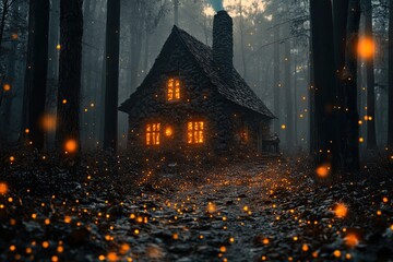 Wall Mural - a witch's cottage in a dark forest