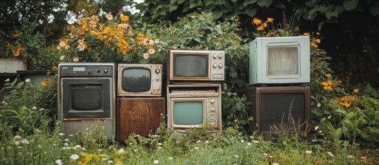 Vintage television sets and ovens are stacked in front of lush greenery.