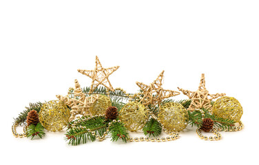 Wall Mural - Beautiful Christmas balls with beads, fir tree branches, decorative stars and cones on white background