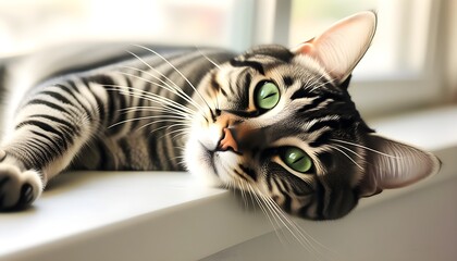 Wall Mural - Curious tabby kitten with bright green eyes exploring the world from a sunlit window sill