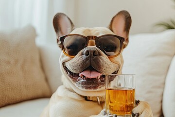 Poster - portrait of a french bulldog wearing sunglasses and holding a small bourbon