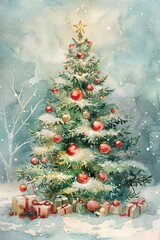 Wall Mural - Christmas tree and decorations illustrated in watercolor with a soft, flowing color palette.