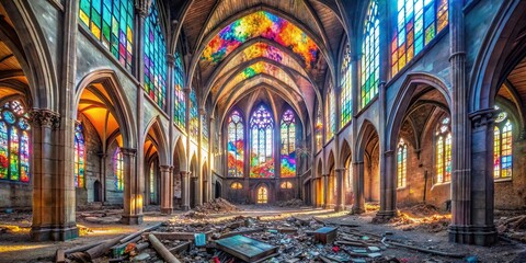 Wall Mural - Ruined cathedral with shattered stained glass windows casting colorful light on rubble