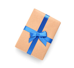 Poster - Christmas gift box with blue ribbon on white background