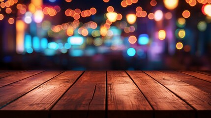 Wall Mural - Wooden Tabletop with Blurred City Lights Background