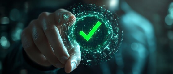 Poster - Closeup of a businessman displaying a green compliance tick symbol in a digital hologram, certification and audit concept, modern and vivid, highdefinition