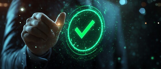 Poster - Closeup of a businessman displaying a green compliance tick symbol in a digital hologram, certification and audit concept, modern and vivid, highdefinition