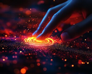 Fototapete - Closeup of a hand interacting with a spinning data flow, vibrant data flow processing visualization background, hightech and detailed, ultraHD