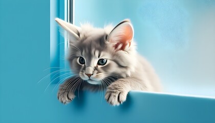 Curious grey kitten peeking through window glass, nestled in soft white fur, embodies a moment of sleepy innocence