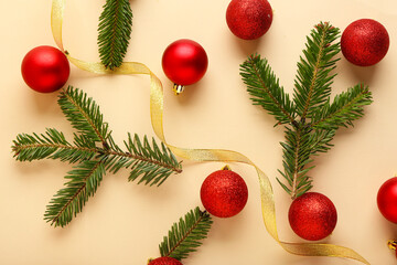 Wall Mural - Composition with beautiful Christmas balls, ribbon and fir branches on color background