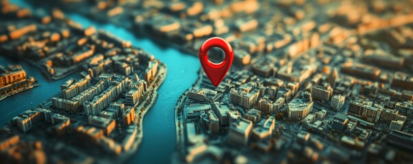 Poster - aerial view of city with red location pin, navigation concept
