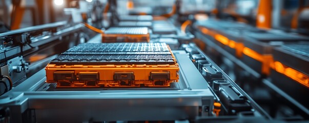 Poster - Closeup of electric vehicle battery cells on an assembly line, emphasizing mass production machinery and hightech environment, detailed and clear, highdefinition