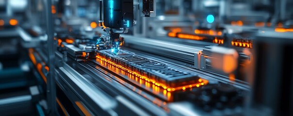 Poster - Closeup of electric vehicle battery cells on an assembly line, emphasizing mass production machinery and hightech environment, detailed and clear, highdefinition