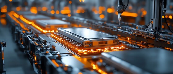 Poster - Closeup of electric vehicle battery cell assembly line, focusing on mass production equipment and detailed processes, sharp and vibrant, 8K quality
