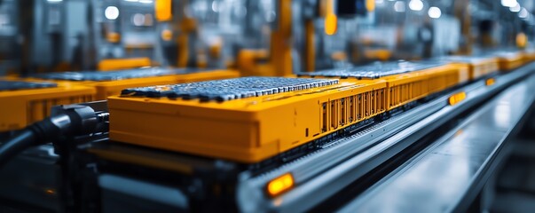 Poster - Closeup of electric vehicle battery cells on an assembly line, emphasizing mass production machinery and hightech environment, detailed and clear, highdefinition