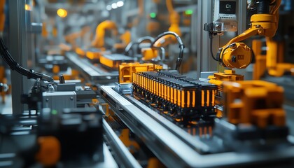 Poster - Closeup view of mass production assembly line for electric vehicle battery cells, detailed machinery and components, hightech environment, sharp focus, 4K resolution
