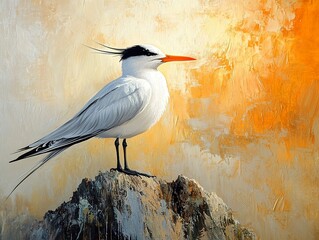 Canvas Print - White Seabird Perched on a Rock at Sunset