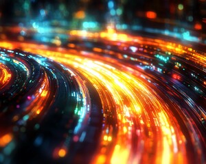 Fototapete - Data cables with glowing light trails transferring information, futuristic background with vibrant colors, detailed and vivid, ultraHD