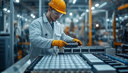 Detailed view of a Chinese engineer handling EV car battery cells module in an electric vehicle manufacturing facility, modern machinery and tools, 8K quality