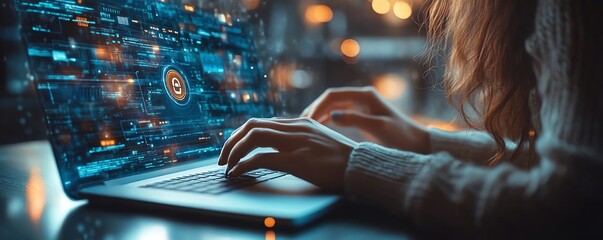 Aufkleber - Detailed view of a woman using a laptop, Privacy Lock icon on virtual screen interfaces, modern technology theme, highresolution, 8K quality