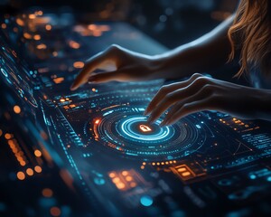 Aufkleber - Detailed view of a woman using a laptop, Privacy Lock icon on virtual screen interfaces, modern technology theme, highresolution, 8K quality
