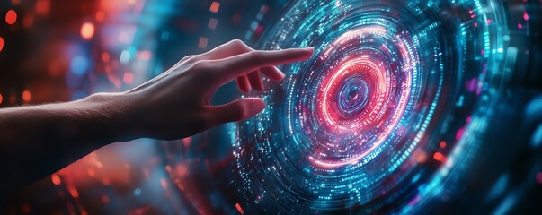 Leinwandbilder - Futuristic hand touching a rotating data flow, data flow processing visualization background with vibrant colors, hightech and clear, 8K quality