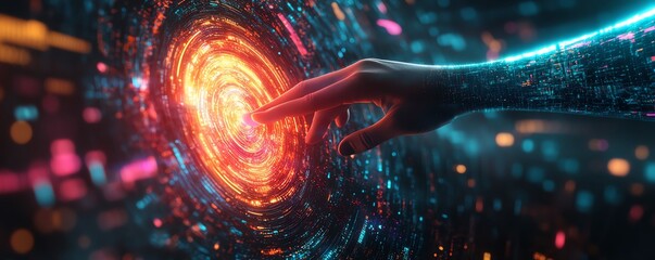 Leinwandbilder - Futuristic hand touching a rotating data flow, data flow processing visualization background with vibrant colors, hightech and clear, 8K quality