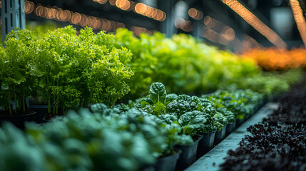 Lush green plants thriving in a greenhouse, showcasing the beauty of healthy growth and vibrant colors of various vegetables.