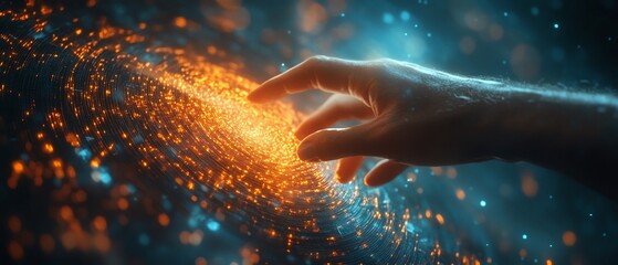 Fototapete - Hand engaging with a spinning data flow, immersive data processing visualization background, modern and vivid design, ultraHD quality