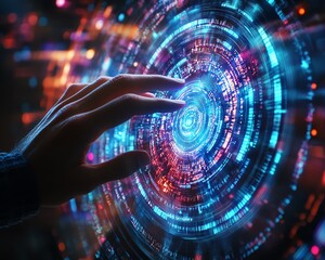 Poster - Hand interacting with a swirling data flow, background featuring data flow processing visualization, vibrant and clear, hightech design, ultraHD