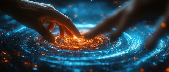Fototapete - Hand touching a spinning data flow, data flow processing visualization background, dynamic and futuristic design, highresolution, 4K quality