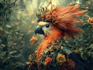 Canvas Print - A Majestic Parrot Adorned with Flowers and Feathers