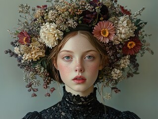 Sticker - Woman in a Floral Crown: A Portrait of Beauty and Elegance