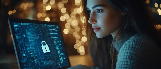 Aufkleber - Privacy Lock icon on a virtual screen interface of a laptop, woman interacting with computer, modern technology and security theme, highdefinition