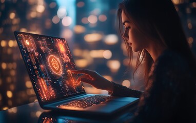 Aufkleber - Woman operating a laptop with a Privacy Lock icon on the virtual screen interface, focusing on data security, sleek and modern, highresolution