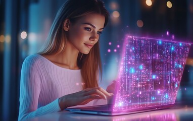 Aufkleber - Woman interacting with a laptop, Privacy Lock icon prominently featured on virtual screen, hightech interface and vibrant design, ultraHD