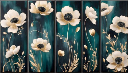 Canvas Print - Elegant Abstract Floral Panels in Vibrant Green and Gold Showcasing Majestic Blossoms